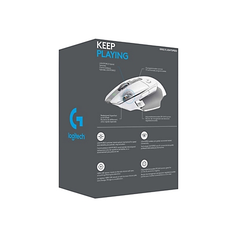 Hellgraue Logitech-Maus, hervorgehoben auf einer grauen Schachtel mit Details. Aufschrift: Keep Playing.