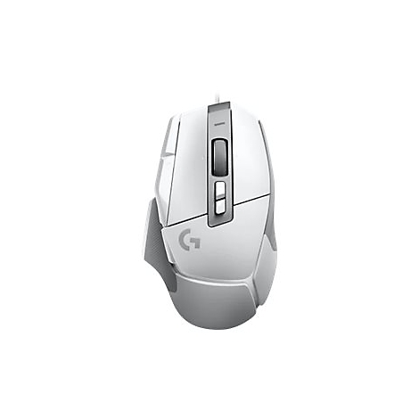 Weisse Gaming-Maus mit grauen Akzenten, Logo "G", Scrollrad und Tasten. Kabelgebunden, vor weissem Hintergrund.