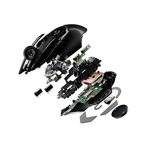 Explosionszeichnung einer schwarzen Gaming-Maus, mit zerlegten Komponenten, wie Platine und Akku, auf weißem Hintergrund.