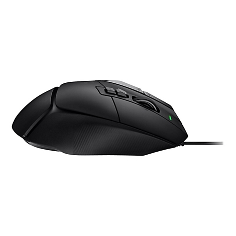 Schwarze Gaming-Maus, seitlich betrachtet. Sichtbar sind Tasten, Scrollrad und Kabelanschluss.