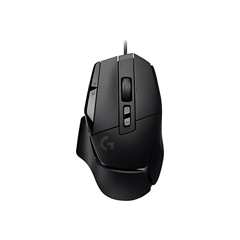 Schwarze Gaming-Maus mit Logo G, Scrollrad und zusÃ¤tzlichen Tasten. Auf weiÃŸem Hintergrund.