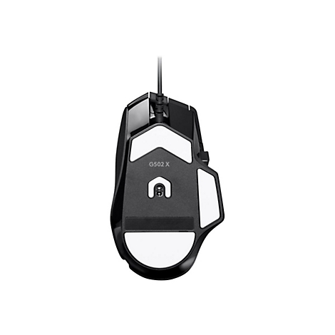 Schwarze Gaming-Maus von unten gesehen, mit weiÃŸem Logo und Aufschrift G502 X.