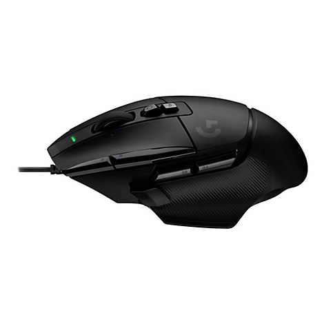 Schwarze Gaming-Maus mit mehreren Tasten, Kabel, grÃ¼nes Licht. Das Logo ist zu sehen.