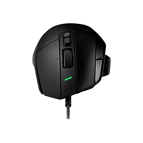Schwarze Gaming-Maus mit Seitentasten, Scrollrad und grÃ¼nem Licht.