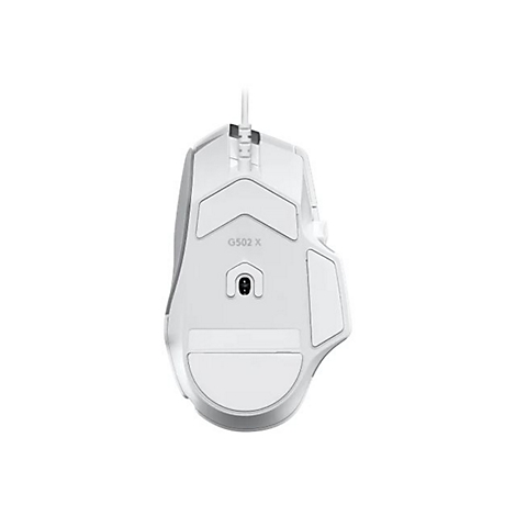 Draufsicht auf eine weiÃŸe Gaming-Maus, Modell G502 X. Die Maus hat silberne Details und eine weiÃŸe Unterseite mit Gleitpads.