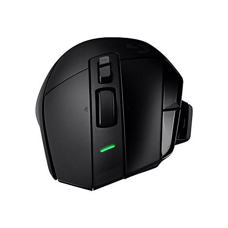 Schwarze Gaming-Maus mit seitlichen Tasten und grÃ¼nem Leuchtstreifen.
