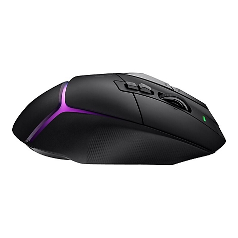 Schwarze Gaming-Maus mit lila Lichteffekten. Oberseite mit Tasten und Scrollrad, grÃ¼ne LED-Anzeige.