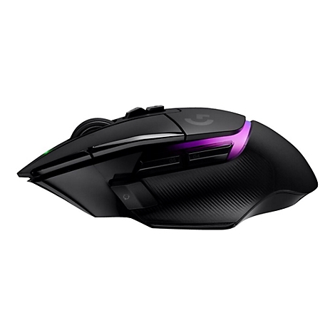 Schwarze Gaming-Maus mit violetten Akzenten und Herstellerlogo. Der Hintergrund ist weiÃŸ.