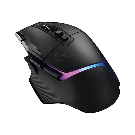 Schwarze Gaming-Maus mit RGB-Beleuchtung. Sie hat ein Rollrad, zwei Tasten und das Logitech-Logo.