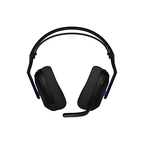 Schwarzes Gaming-Headset, Ansicht von oben. Ohrmuscheln aus Stoff, Bügel mit lila Akzenten, Mikrofon.