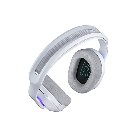 Weißes Gaming-Headset. Graue Ohrpolster, gepolsterter Bügel. Auf einem Polster steht groß ein grünes 'R'.