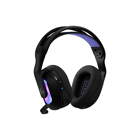 Schwarzes Gaming-Headset mit lilafarbenen Akzenten. Das Headset liegt vor weißem Hintergrund.