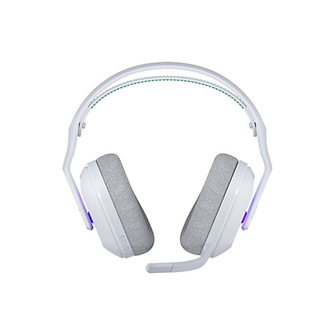 Weißes Gaming-Headset, grau gepolsterte Ohrmuscheln, Mikrofon, grün akzentuierter Bügel, G522-Aufdruck.