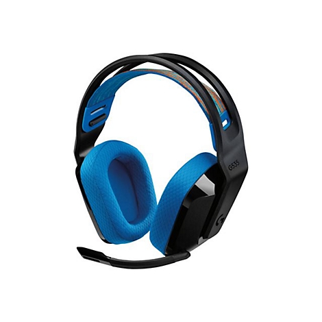Schwarzes Gaming-Headset mit blauem Stoff an Ohrmuscheln und Kopfbügel. Aufschrift: G535.