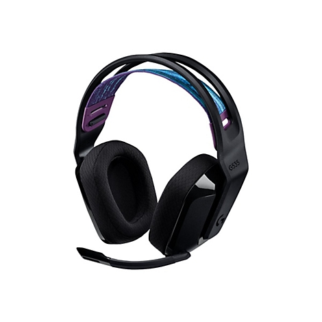 Schwarzes Gaming-Headset mit blau-lila gemustertem Stirnband. Aufschrift G535. Ausgestattet mit Mikrofon.
