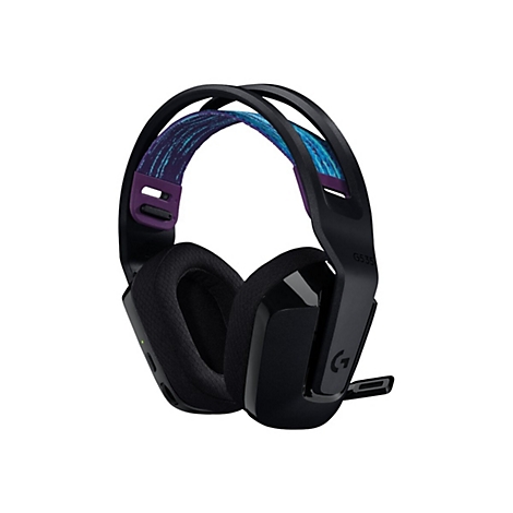 Schwarzes Gaming-Headset mit blau-violettem Muster am Kopfband. Bezeichnung G535 und Logo.