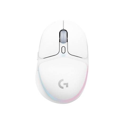Draufsicht auf eine weiße Gaming-Maus mit seitlicher Beleuchtung und 'G'-Logo.