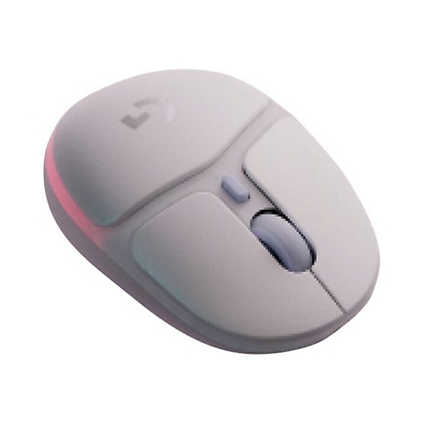 Graue Logitech-Maus, Vorderansicht. Mausrad, zwei Maustasten und Logo sind zu sehen.