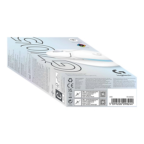 Weiße Logitech G705 Gaming-Maus auf einem weißen Hintergrund. Auf der Verpackung sind Logos und Produktinformationen zu sehen.