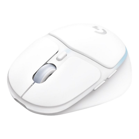 Weiße kabellose Computermaus, Logitech-Logo, Scrollrad, zwei Seitentasten.