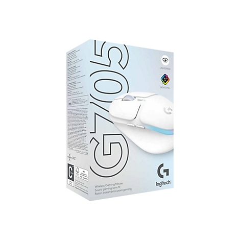 Eine Produktverpackung für die Logitech G705 Wireless Gaming Mouse. Auf der Verpackung sind die Maus, Logos und Spezifikationen abgebildet. Die Maus ist weiß mit schwarzen Akzenten.