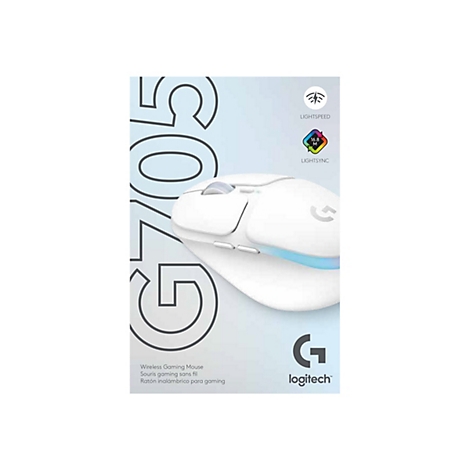 Weiße Gaming-Maus G705 vor hellblauem Hintergrund, Logos für Lightspeed und Lightsync, sowie Logitech Logo.
