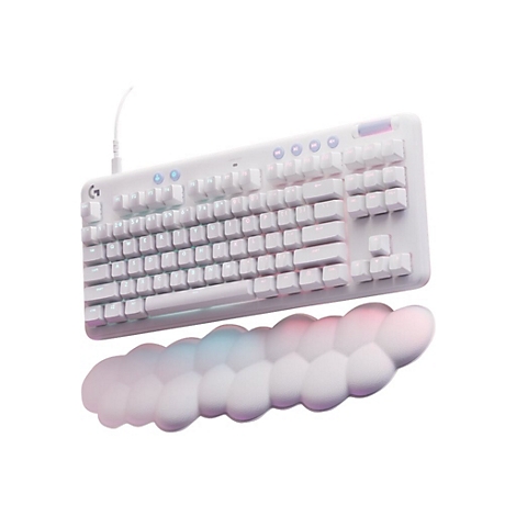 Eine weiße mechanische Tastatur mit farbiger Hintergrundbeleuchtung und Handgelenkauflage auf weißem Hintergrund.