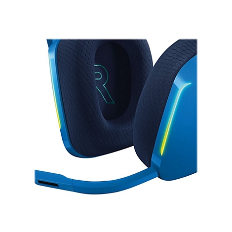 Blauer Gaming-Kopfhörer mit dunkelblauem Ohrpolster und gelbem Leuchtstreifen. Auf dem Ohrpolster ist ein grüner 'R'-Schriftzug abgebildet.