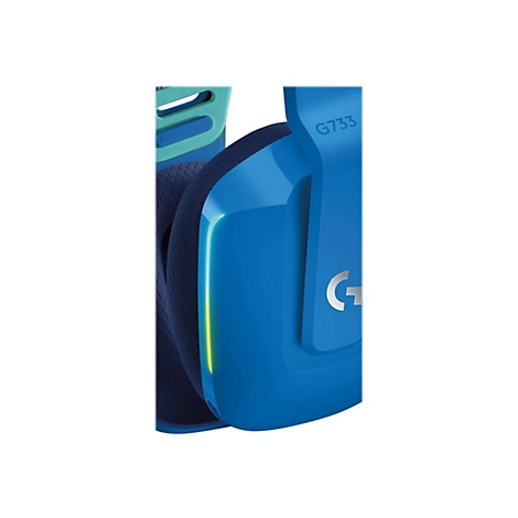 Nahaufnahme eines blauen Gaming-Headsets mit den Logos G733 und G. Im Hintergrund ist ein weißer Hintergrund zu sehen.