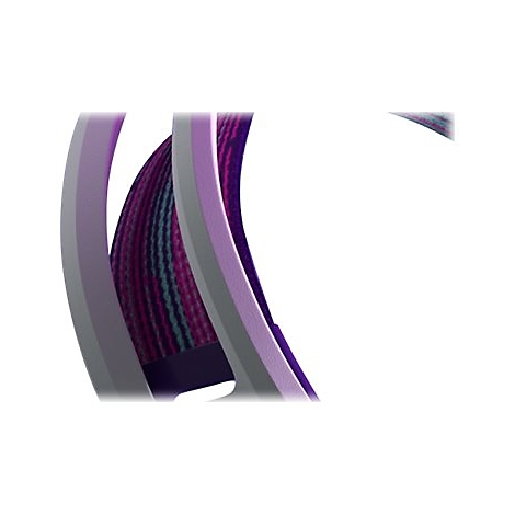 Detailaufnahme einer violett-pink gewebten Textur, umgeben von gebogenen, violetten und grauen Rahmen.