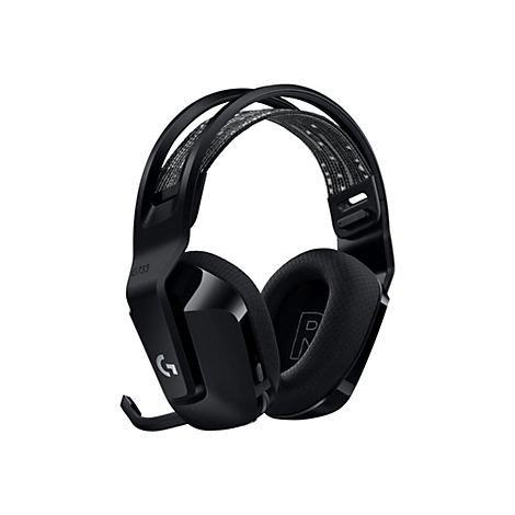 Casque de jeu noir avec microphone et logo. Rembourrage, motif de bandeau, marque Logitech.