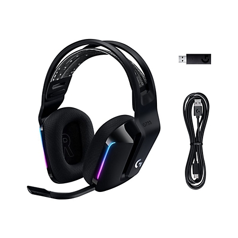 Casque de jeu noir avec microphone et dongle USB. Ã‰clairage LED bleu et rose. CÃ¢ble.