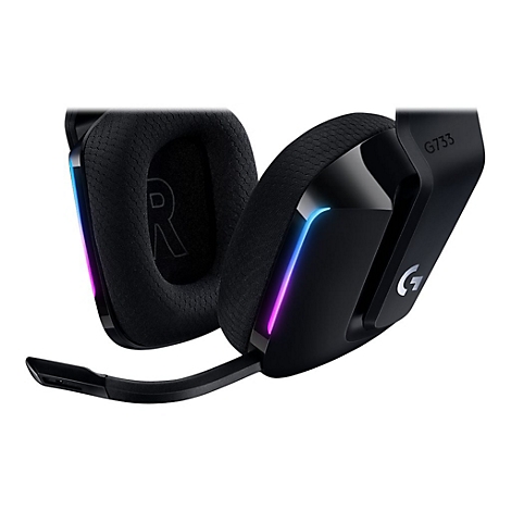 Casque de jeu noir avec Ã©clairage RVB. Un grand R est sur l'oreillette. Micro est en bas Ã  gauche.