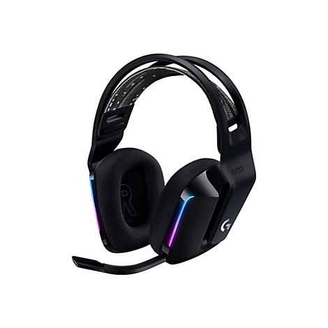 Casque de jeu noir, Ã©clairÃ© avec microphone. Un R est inscrit sur les oreillettes.
