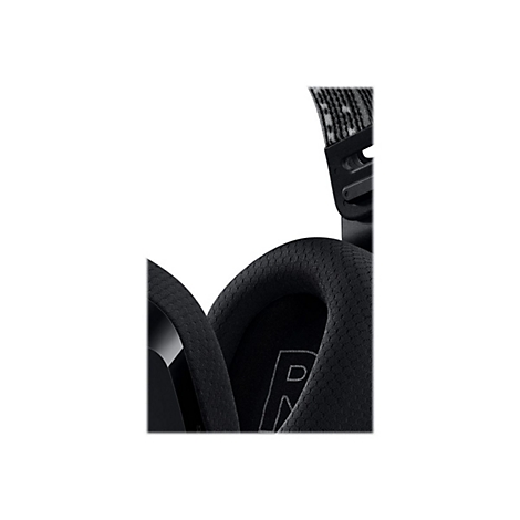 Gros plan d'un casque noir, coussinet d'oreille souple, surface intÃ©rieure imprimÃ©e avec R.