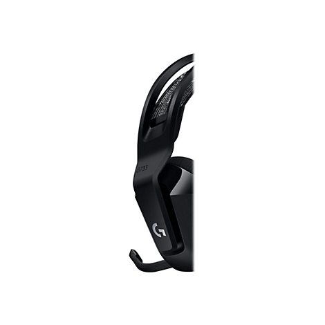 Casque de jeu noir, vue de cÃ´tÃ©. L'arceau montre une structure en mesh, le logo G et le microphone sont visibles.