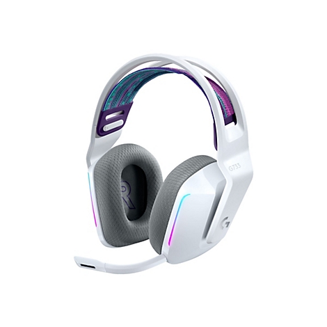 Weißes Gaming-Headset mit farbigem Stoff am Kopfbügel. Graue Ohrmuscheln und Mikrofon.