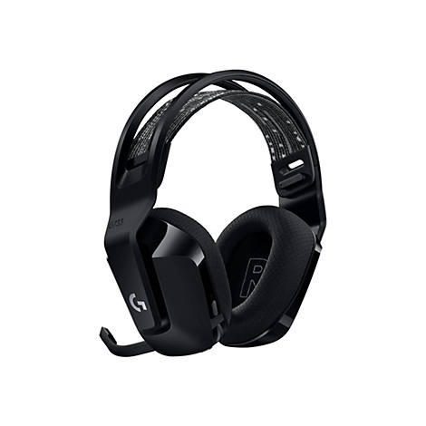 Schwarzes Gaming-Headset. Ohrmuscheln und Kopfbügel mit gepolsterten Stoff. Mikrophon am linken Ohr.