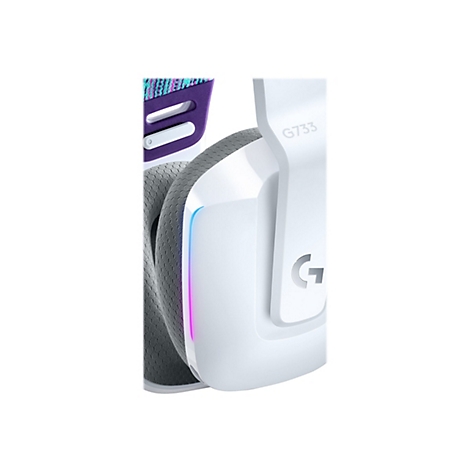 Gros plan sur un casque de jeu blanc. Accents de couleur violets et turquoise. Il est écrit "G733" sur le côté.