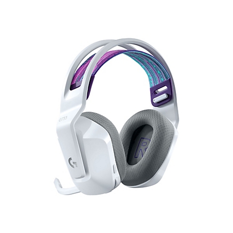 Casque de jeu blanc avec un serre-tête coloré. Coussinets d'oreille gris avec un "R" violet.