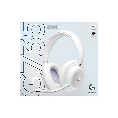 WeiÃŸes Gaming-Headset G735 von Logitech mit Mikrofon, abgebildet vor blauem Hintergrund, Schriftzug G735 und Logitech-Logo.