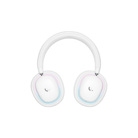 Weißes Headset, das auf einem weißen Hintergrund fotografiert wurde. Der Kopfbügel ist gebogen, die Ohrmuscheln oval. Das Logo "G" ist auf den Ohrmuscheln zu sehen. Die Ohrmuscheln sind von einem farbigen Lichtrahmen umgeben.