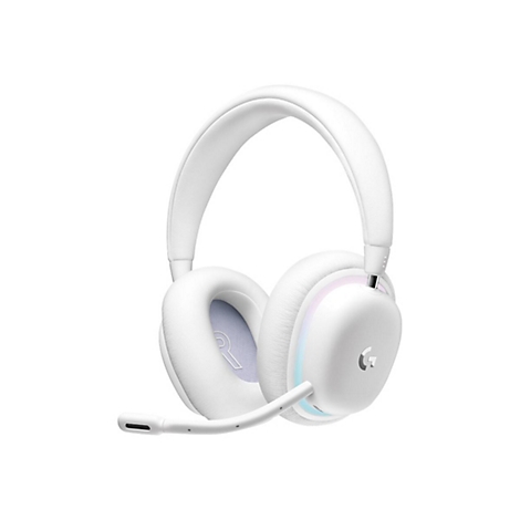 Weißes Gaming-Headset mit Mikrofon und G-Logo. Auf hellblauem Grund der Ohrmuschel ist ein 'R' sichtbar.