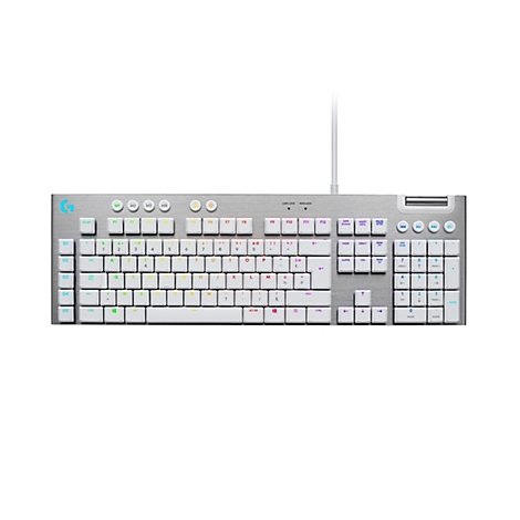 Draufsicht auf eine silberfarbene mechanische Tastatur mit weißen Tasten und französischen Beschriftungen. Ein weißes Kabel ist angeschlossen.