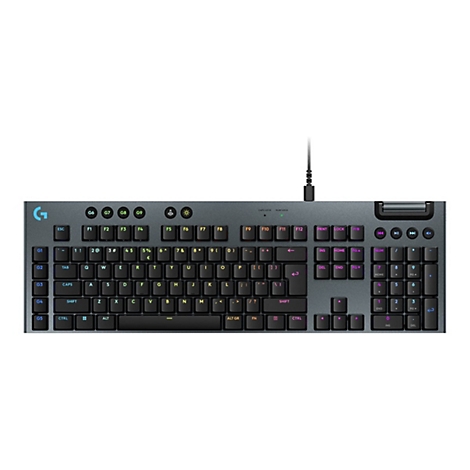Draufsicht auf eine graue Gaming-Tastatur mit beleuchteten Tasten, USB-Kabel und Logo.