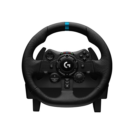 Ein schwarzes Lenkrad, mit Lederoptik, Knöpfen und dem Logo "G". Blaue Linie oben.