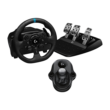 Lenkrad, Pedale und Schalthebel für Gaming. Das Lenkrad hat einen blauen Streifen. Die Pedale sind silberfarben und das Set ist von Logitech.