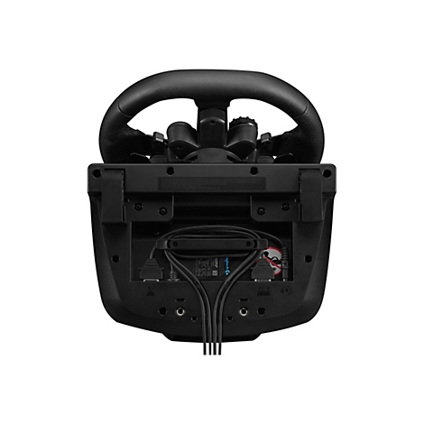 Draufsicht auf ein schwarzes Lenkrad für Gaming-Konsolen. Es hat ein schwarzes Leder, Knöpfe und ein Kabel.