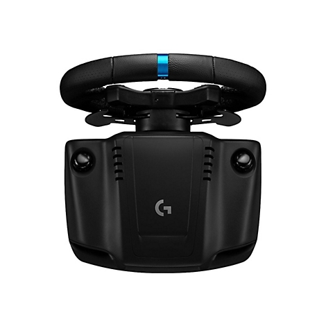 Volant de jeu noir, cuir perforé, ligne bleue en haut, logo 'G'.