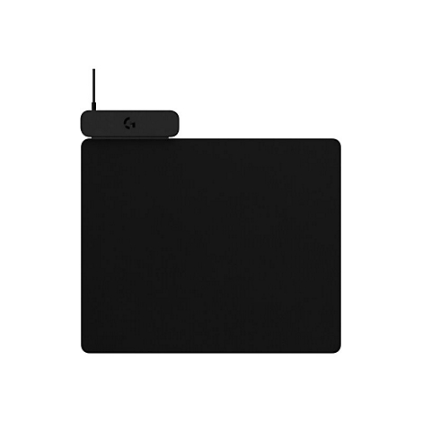 Schwarzes Gaming-Mauspad mit einem kleinen schwarzen Empfänger mit Antenne und Logitech-Logo.
